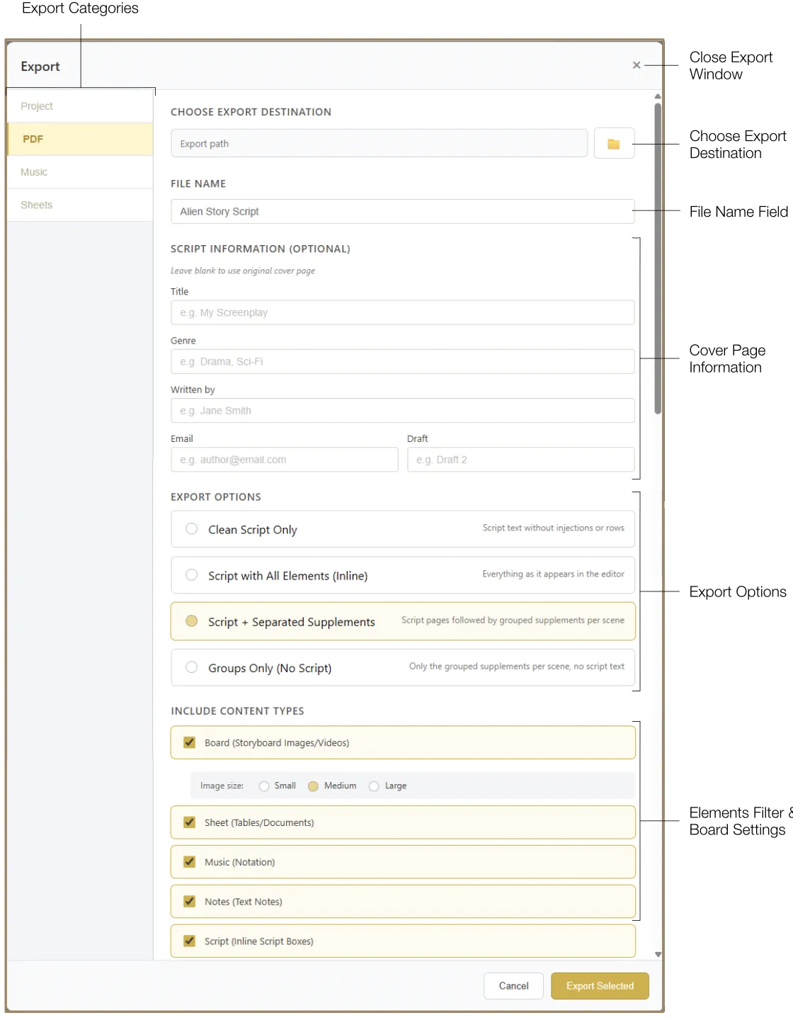 PDF Export settings showing cover page fields and element filter options